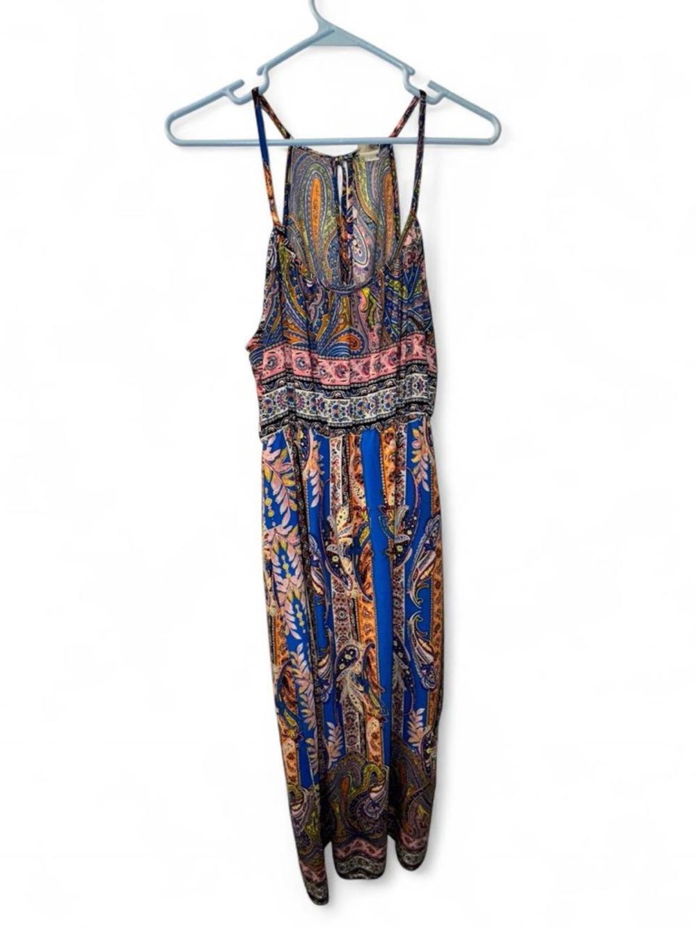 Boho Paisley Striped Maxi Dress - Blue & Coral